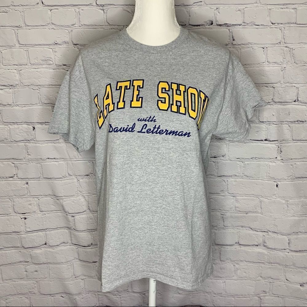 Late Show With David Letterman Grey, navy and yellow logo short sleeve T-shirt